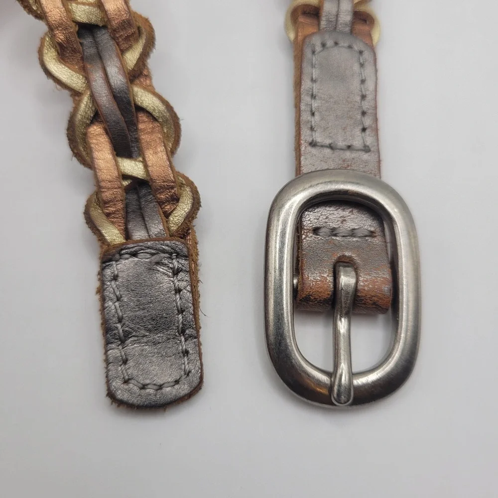 Brown Leather Belt One Size Skinny Braided Woven Metallic Gold Boho Western Thin